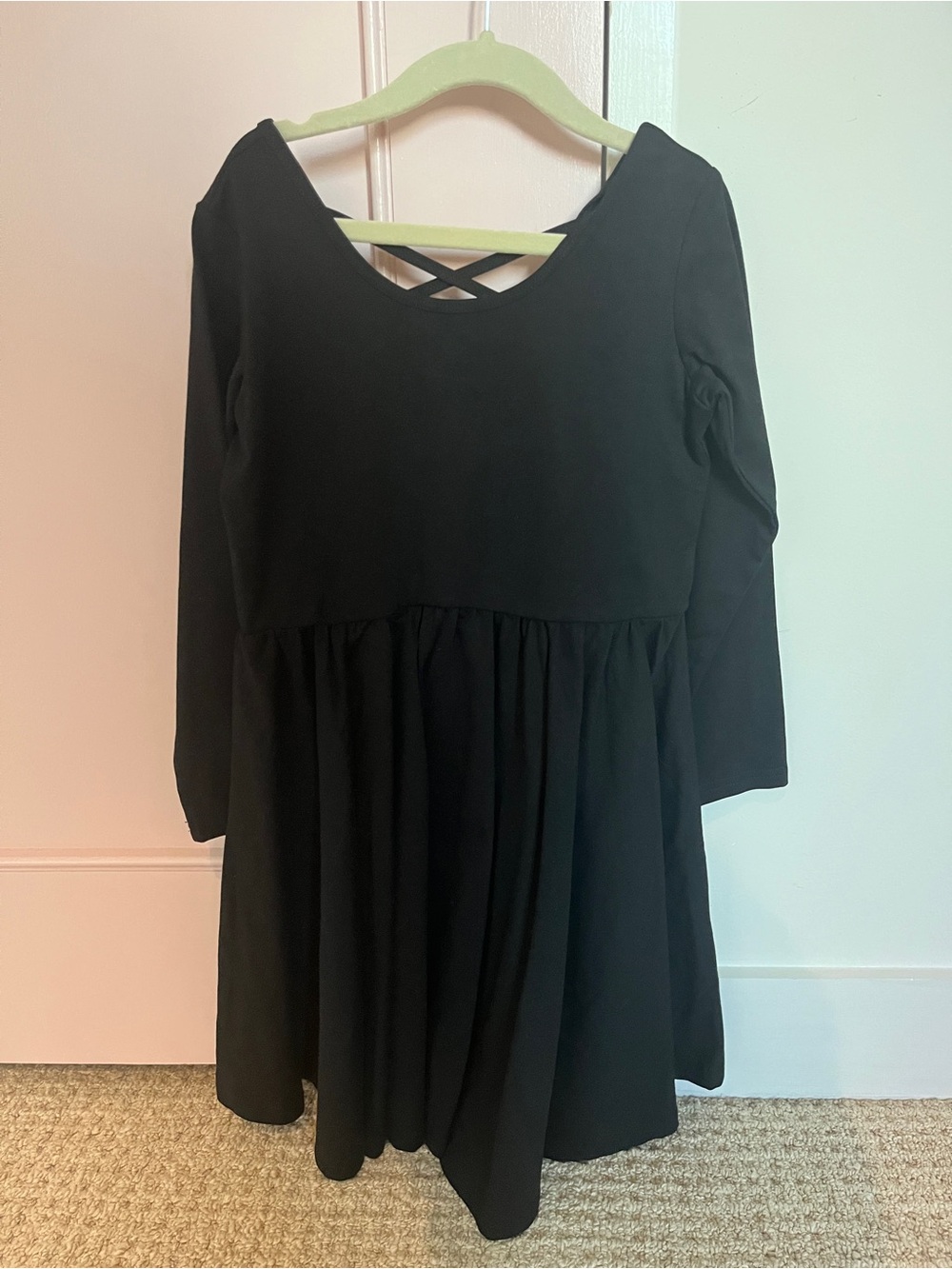 Black Long-Sleeve Girls' Twirl Dress with Crisscross Back